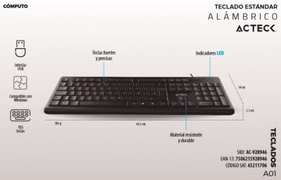 Teclado ACTECK Entry310 AC-928946 USB, Estándar, Negro, Alámbrico