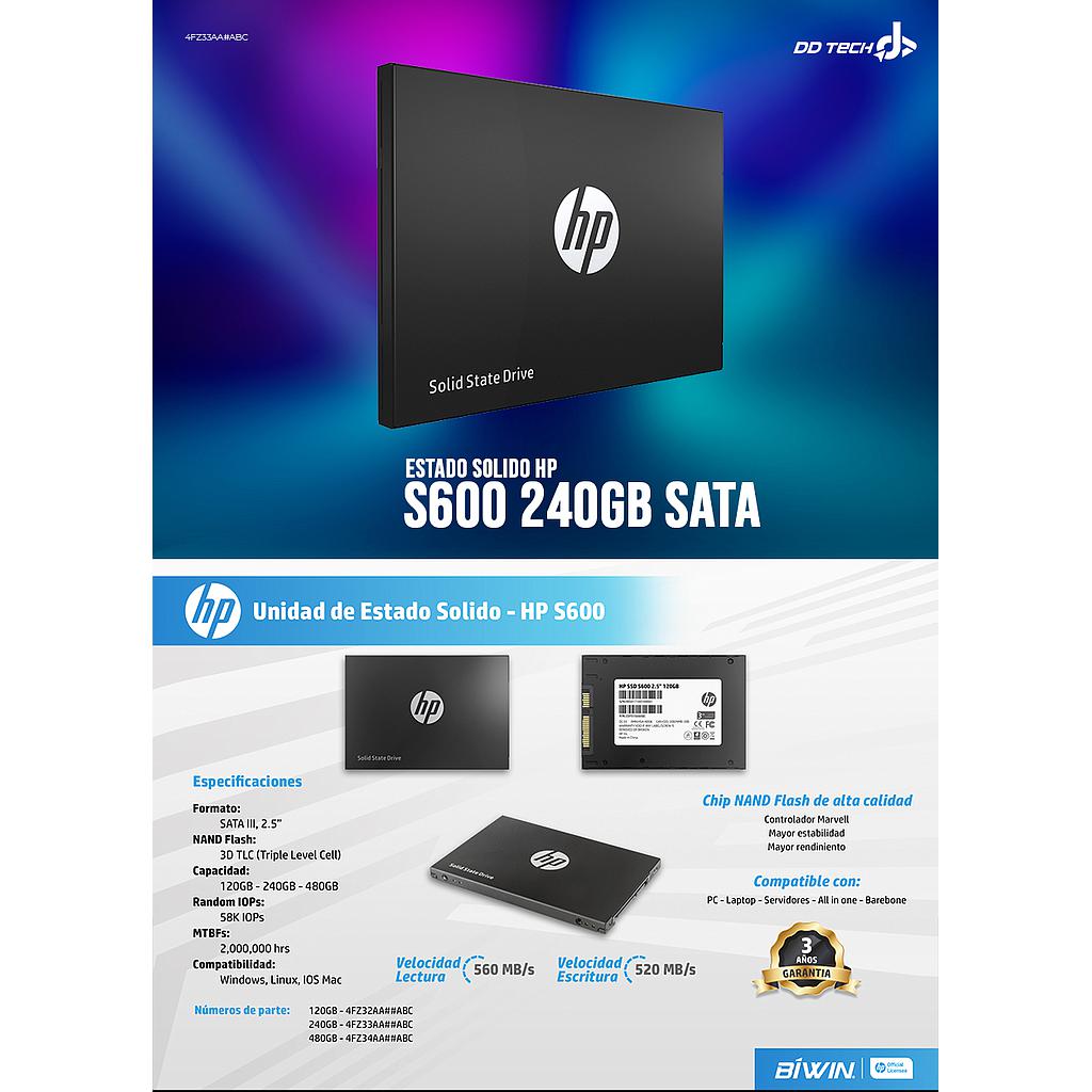 Unidad de Estado Solido(4FZ33AA#ABB) HP S600 , 240 GB, SATA III