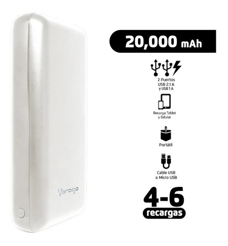 Power Bank VORAGO PB-550-WH, Blanco, 20000 mAh, 5 V, Li-Ion