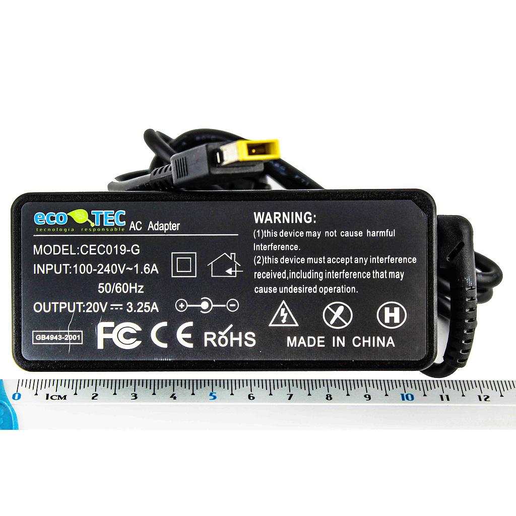 Cargador genérico lenovo 20V, 3.25A, TIP RECTANGULAR, 65W