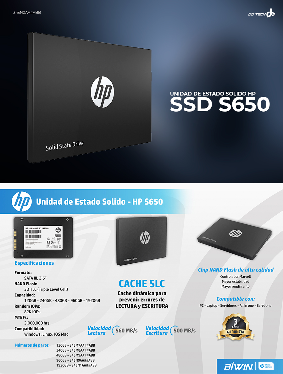 Disco de Estado Solido HP S650 , 240 GB, SATA 3, 2.5 pulgadas